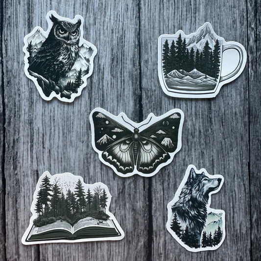 B&W Into the mountains stickers